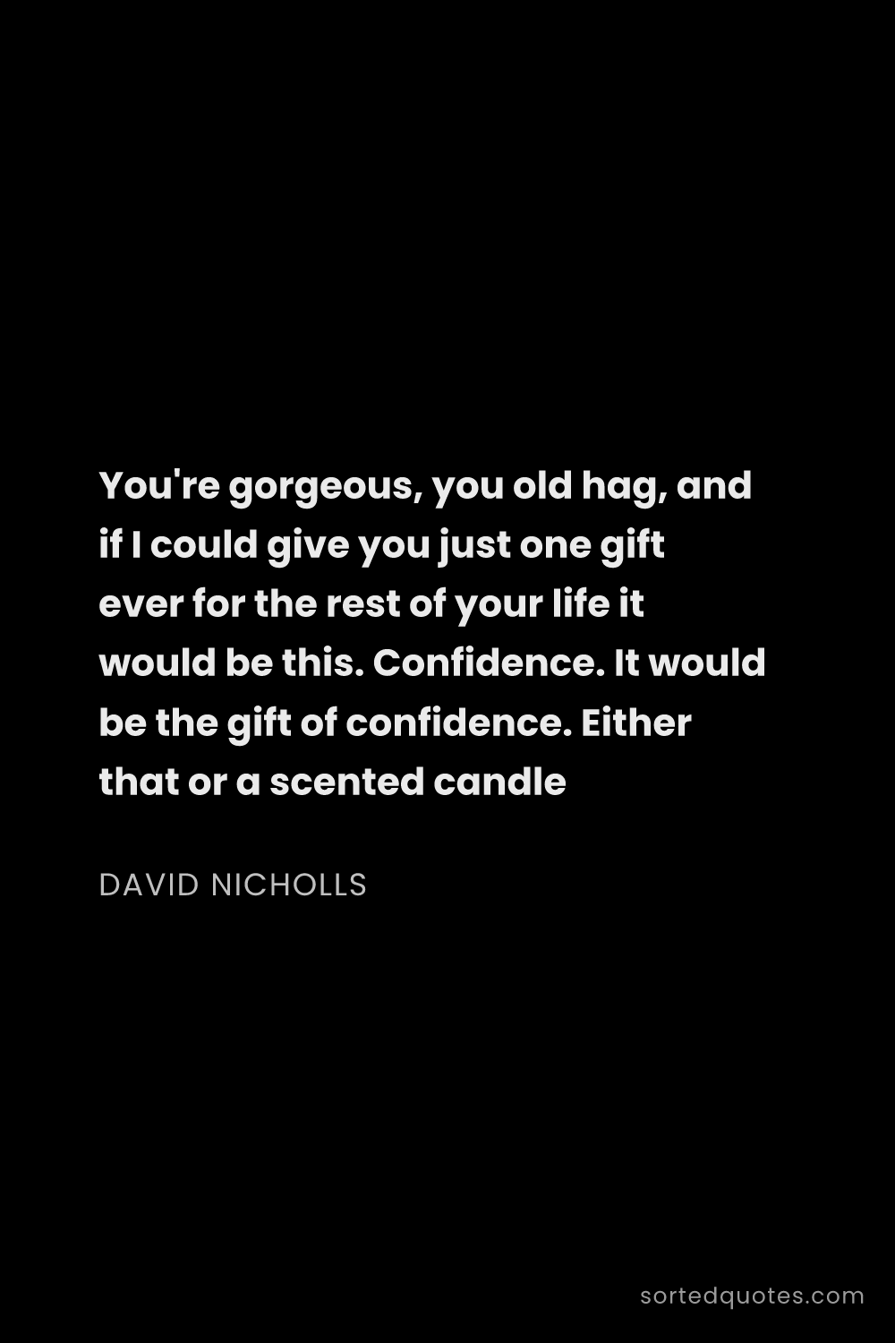 Quote by David Nicholls: "You're gorgeous, you old hag, and if I could give ..."