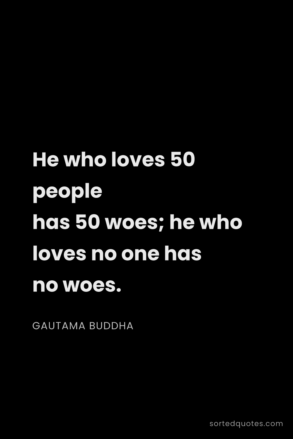 Quote by Gautama Buddha: "He who loves 50 people has 50 woes; he who loves n..."