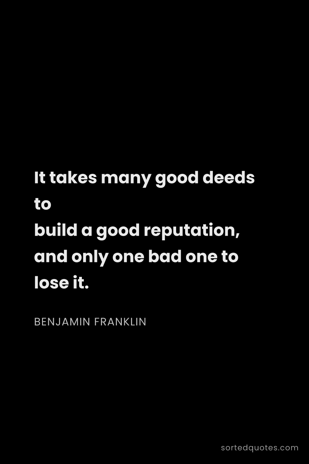 Quote by Benjamin Franklin: "It takes many good deeds to build a good reputatio..."