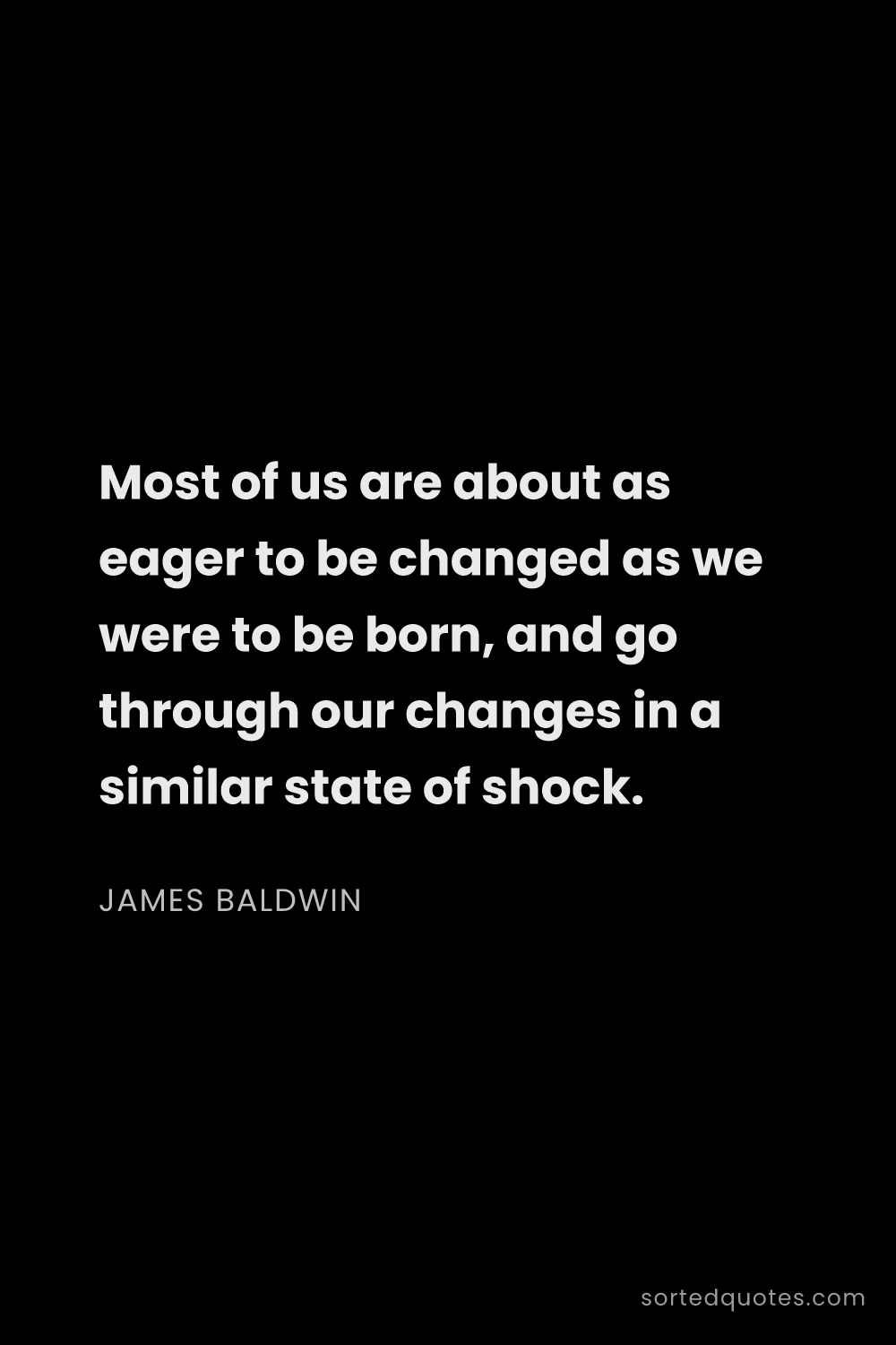 Quote by James Baldwin: "Most of us are about as eager to be changed as we ..."