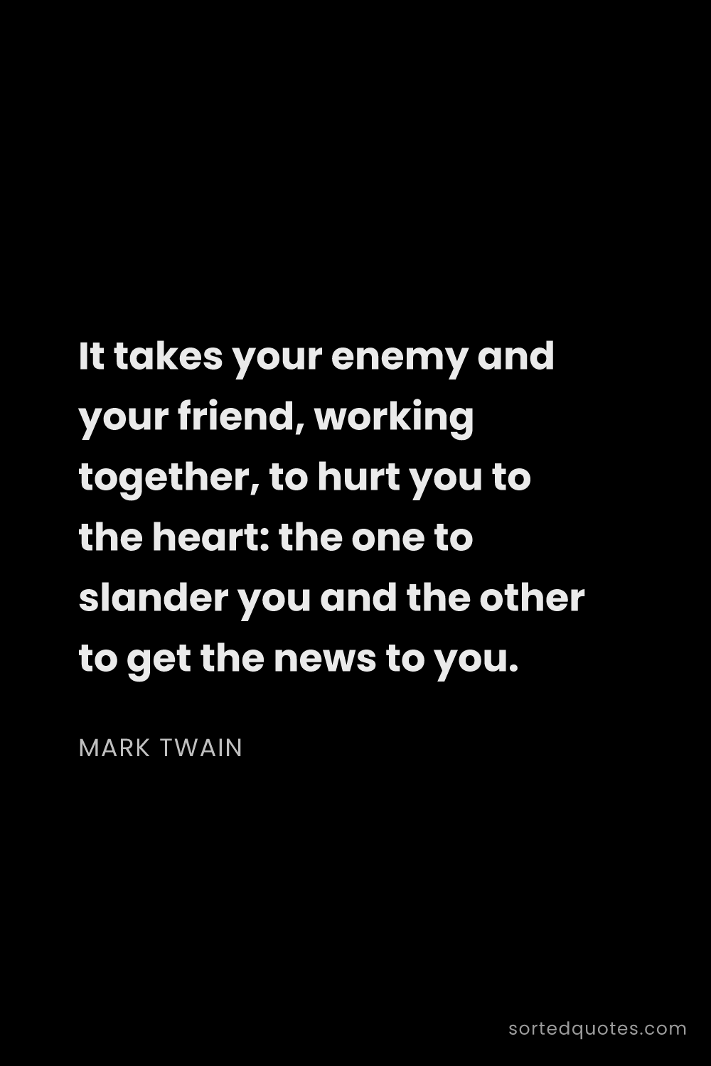 Quote by Mark Twain: "It takes your enemy and your friend, working toget..."
