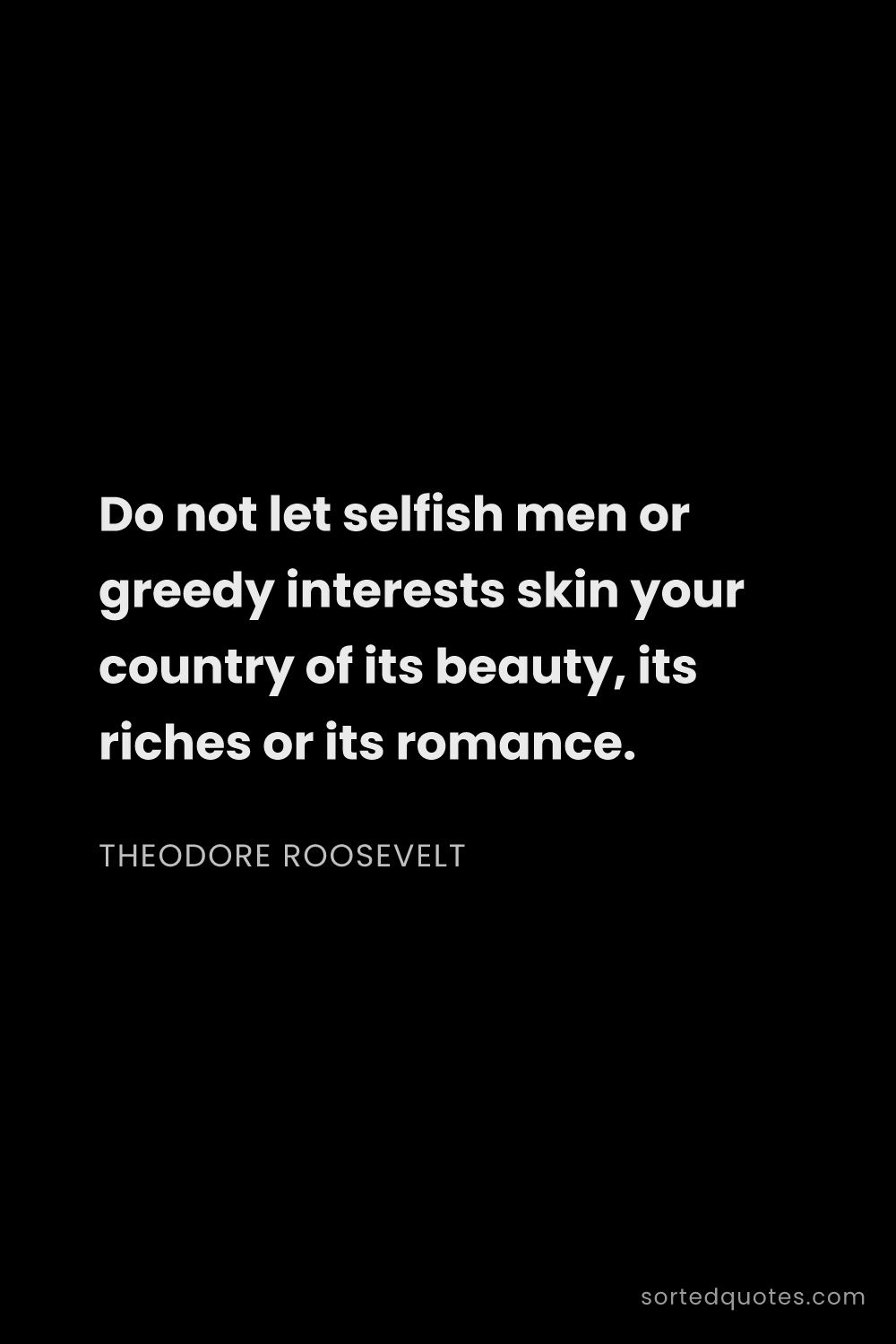 Quote by Theodore Roosevelt: "Do not let selfish men or greedy interests skin yo..."